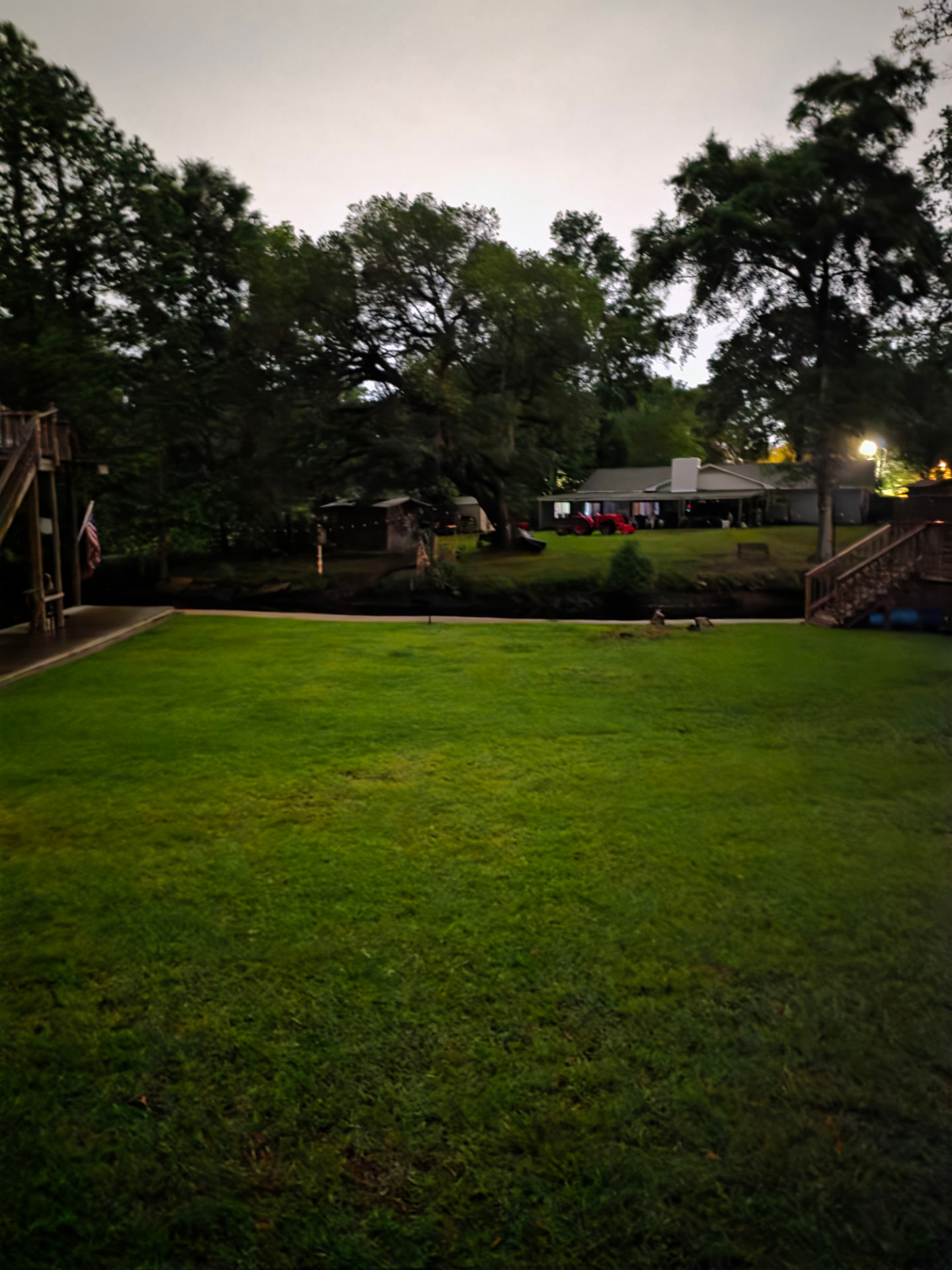 Wide view of waterfront lawn and dock before clearing